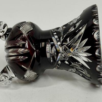 Vintage Bohemian Czech Dark Ruby Red Cut to Clear Crystal Footed Vase