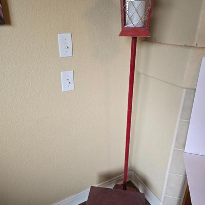 Rustic Red Lantern Floor Lamp / Candle sconce with Wooden Step Stool