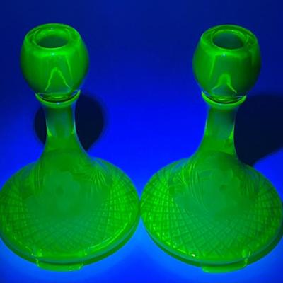 Beautiful Uranium Vaseline Glass Yellow Footed Candlestick Holders