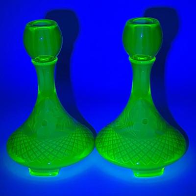 Beautiful Uranium Vaseline Glass Yellow Footed Candlestick Holders