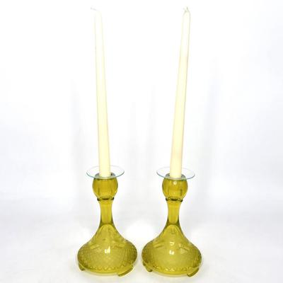 Beautiful Uranium Vaseline Glass Yellow Footed Candlestick Holders