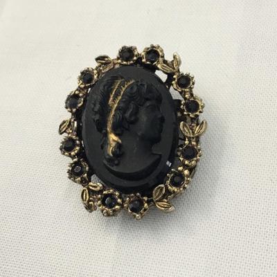 Carved black glass, Victorian cameo brooch