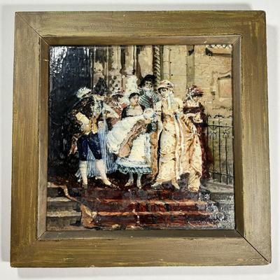LOT 9L: Framed Painting on Tile based on painting by Frederick Hendrik KAEMMERER (1839-1902). "A baptism under the Directory in...
