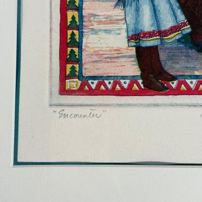 LOT 10L: Folk Art Print " Encounter" Framed, Matted Limited Edition 17/50