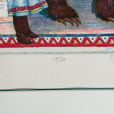 LOT 10L: Folk Art Print " Encounter" Framed, Matted Limited Edition 17/50