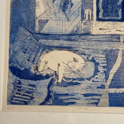 LOT 12L: 1986 Artist’s Proof Signed Etching “Cat Nap” by June Kaylin (artists proof)