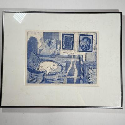 LOT 12L: 1986 Artist’s Proof Signed Etching “Cat Nap” by June Kaylin (artists proof)