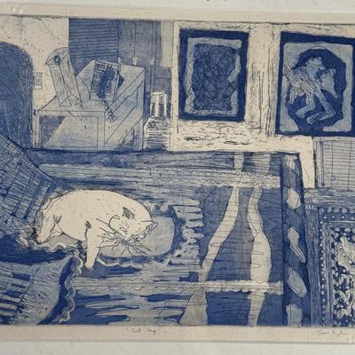 LOT 12L: 1986 Artist’s Proof Signed Etching “Cat Nap” by June Kaylin (artists proof)