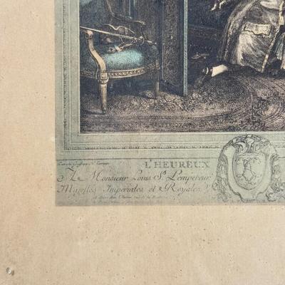 LOT 19L: Antique Framed Print "L'Heureux Moment" by Nicolas de Launay, after Pierre-Antoine Baudouin