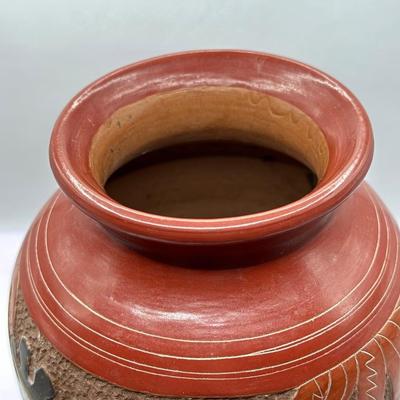 LOT 24L: Signed Stoneware Art Pottery Rustic Teapot, Vintage Nicaraguan Relief Vase w/ Frog Motif, Vintage Mexican Redware Pottery &...