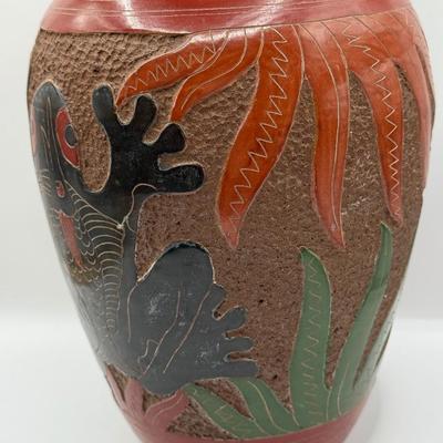 LOT 24L: Signed Stoneware Art Pottery Rustic Teapot, Vintage Nicaraguan Relief Vase w/ Frog Motif, Vintage Mexican Redware Pottery &...