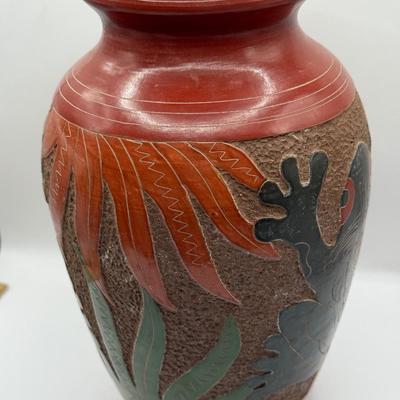 LOT 24L: Signed Stoneware Art Pottery Rustic Teapot, Vintage Nicaraguan Relief Vase w/ Frog Motif, Vintage Mexican Redware Pottery &...