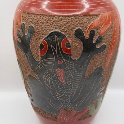 LOT 24L: Signed Stoneware Art Pottery Rustic Teapot, Vintage Nicaraguan Relief Vase w/ Frog Motif, Vintage Mexican Redware Pottery &...