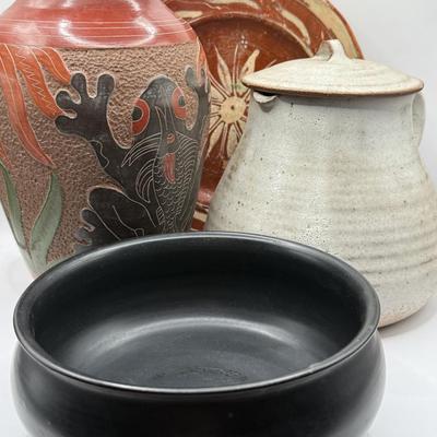 LOT 24L: Signed Stoneware Art Pottery Rustic Teapot, Vintage Nicaraguan Relief Vase w/ Frog Motif, Vintage Mexican Redware Pottery &...