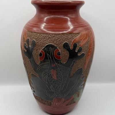 LOT 24L: Signed Stoneware Art Pottery Rustic Teapot, Vintage Nicaraguan Relief Vase w/ Frog Motif, Vintage Mexican Redware Pottery &...