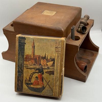 LOT 25L: Vintage wood 6 pipe Rack with Humidor Storage Box , 2 pipes and vintage matches