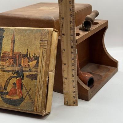 LOT 25L: Vintage wood 6 pipe Rack with Humidor Storage Box , 2 pipes and vintage matches