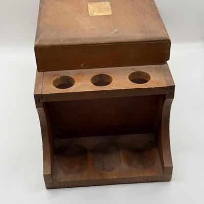 LOT 25L: Vintage wood 6 pipe Rack with Humidor Storage Box , 2 pipes and vintage matches