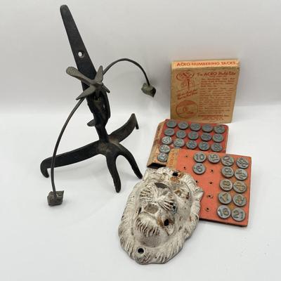 LOT 26L: Vintage Acro Hold-Tite Window Markers / Numbering Tacks, 1970s Cast Iron Bird Balancer & Vintage Cast Iron Lion