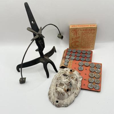 LOT 26L: Vintage Acro Hold-Tite Window Markers / Numbering Tacks, 1970s Cast Iron Bird Balancer & Vintage Cast Iron Lion