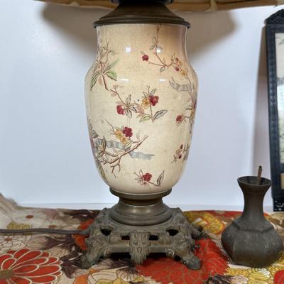 LOT 31Y: Japanese Carved Netsuke Geisha, Chinoiserie Porcelain Ginger Jar Lamp, Silk Obi, and More