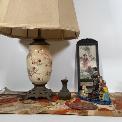LOT 31Y: Japanese Carved Netsuke Geisha, Chinoiserie Porcelain Ginger Jar Lamp, Silk Obi, and More