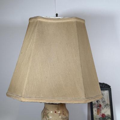 LOT 31Y: Japanese Carved Netsuke Geisha, Chinoiserie Porcelain Ginger Jar Lamp, Silk Obi, and More