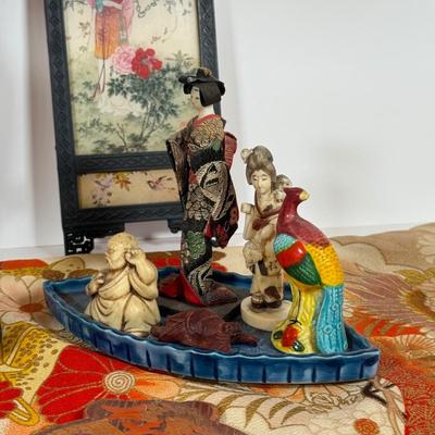 LOT 31Y: Japanese Carved Netsuke Geisha, Chinoiserie Porcelain Ginger Jar Lamp, Silk Obi, and More
