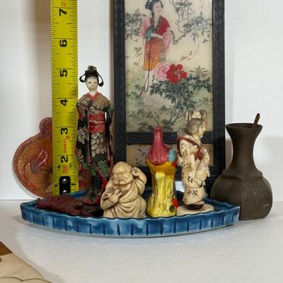 LOT 31Y: Japanese Carved Netsuke Geisha, Chinoiserie Porcelain Ginger Jar Lamp, Silk Obi, and More