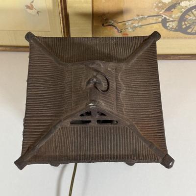 LOT 32Y: Japanese Cast Iron Lantern Table Lamp & Framed Paintings