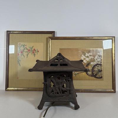 LOT 32Y: Japanese Cast Iron Lantern Table Lamp & Framed Paintings