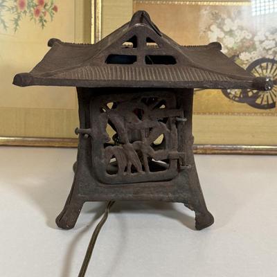 LOT 32Y: Japanese Cast Iron Lantern Table Lamp & Framed Paintings