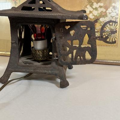 LOT 32Y: Japanese Cast Iron Lantern Table Lamp & Framed Paintings