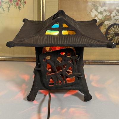 LOT 32Y: Japanese Cast Iron Lantern Table Lamp & Framed Paintings