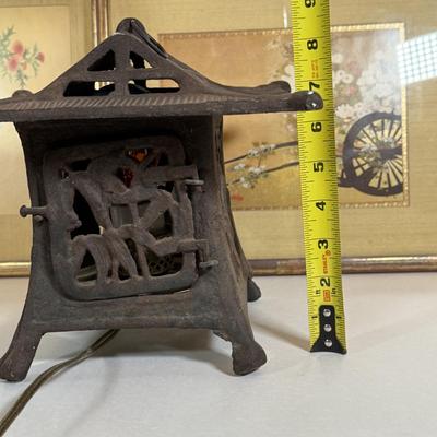 LOT 32Y: Japanese Cast Iron Lantern Table Lamp & Framed Paintings