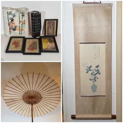 LOT 33Y: Framed Japanese Prints, 1983 Calendar, Parasol & More