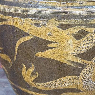 LOT 42L:Vintage Chinese Egg Pot Dragon Motif Jardiniere Planter ( 17 Inch Large)