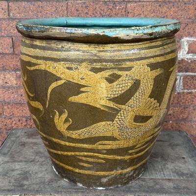 LOT 42L:Vintage Chinese Egg Pot Dragon Motif Jardiniere Planter ( 17 Inch Large)