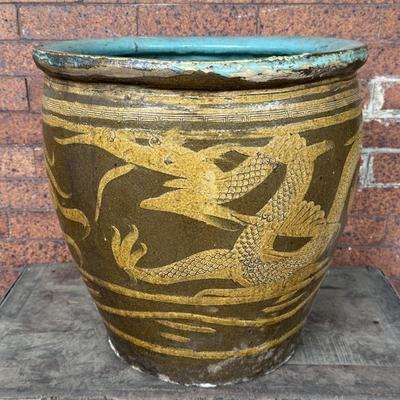 LOT 42L:Vintage Chinese Egg Pot Dragon Motif Jardiniere Planter ( 17 Inch Large)