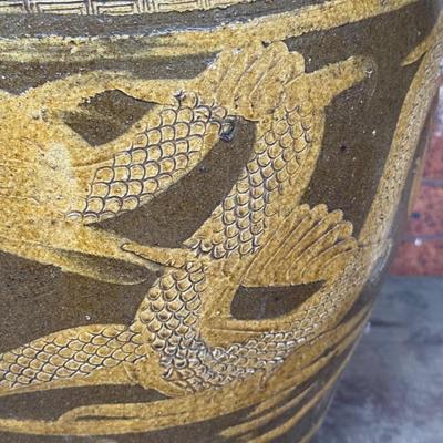 LOT 42L:Vintage Chinese Egg Pot Dragon Motif Jardiniere Planter ( 17 Inch Large)