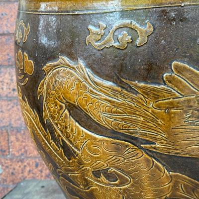 LOT 43L: Antique Chinese Egg Pot Jardiniere Dragon Motif (17 Inches Large)