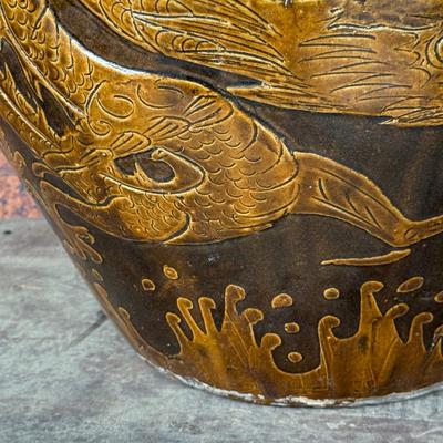 LOT 43L: Antique Chinese Egg Pot Jardiniere Dragon Motif (17 Inches Large)
