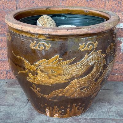 LOT 43L: Antique Chinese Egg Pot Jardiniere Dragon Motif (17 Inches Large)