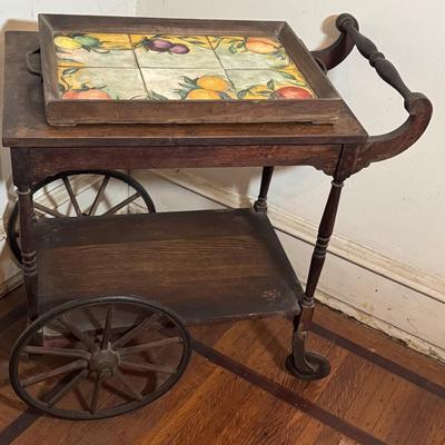 LOT 51D: Antique Wooden Tea Cart with Tiled Tray