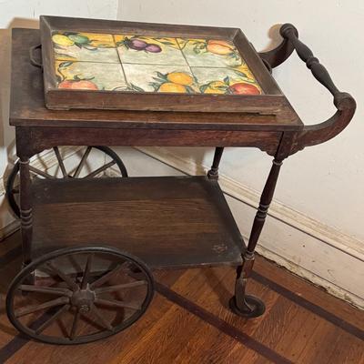 LOT 51D: Antique Wooden Tea Cart with Tiled Tray