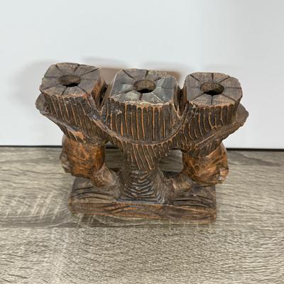 LOT 73L: Hand Carved Wood Collection: Mortar & Pestle, Candle Holder, Vintage Tribal Statues