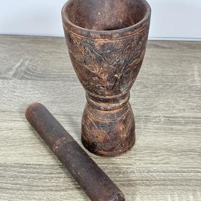 LOT 73L: Hand Carved Wood Collection: Mortar & Pestle, Candle Holder, Vintage Tribal Statues