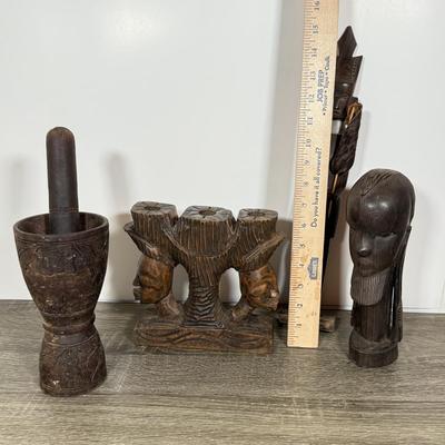 LOT 73L: Hand Carved Wood Collection: Mortar & Pestle, Candle Holder, Vintage Tribal Statues