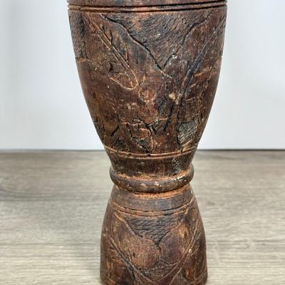 LOT 73L: Hand Carved Wood Collection: Mortar & Pestle, Candle Holder, Vintage Tribal Statues