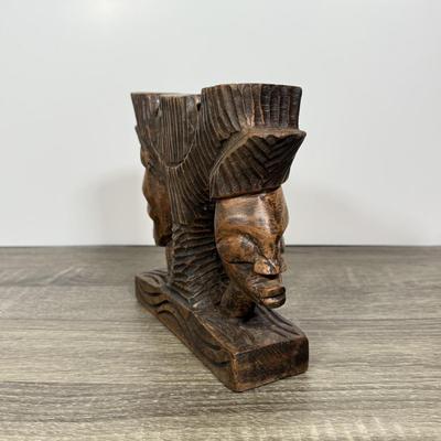 LOT 73L: Hand Carved Wood Collection: Mortar & Pestle, Candle Holder, Vintage Tribal Statues